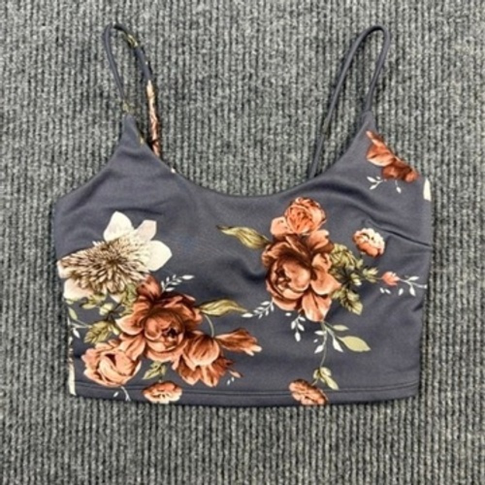 Windsor Floral Crop Top Size Medium Gray Brown Rose Spaghetti Strap Scoop Neck